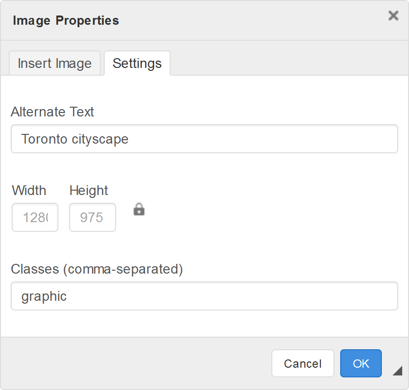 Rich Text Editor Image Properties Settings
