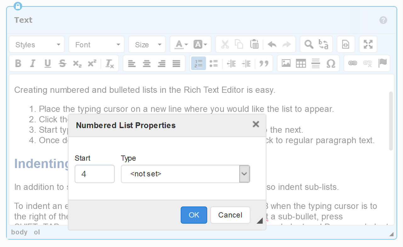 Rich Text Editor Numbered List Properties